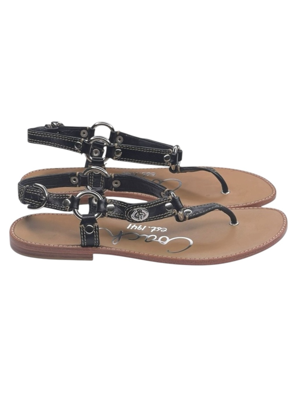Deadstock: new Coach ࿌ Raiven Hardware Turnlock Flat Sandals ࿌ Black Leather ࿌ - Picture 2 of 16